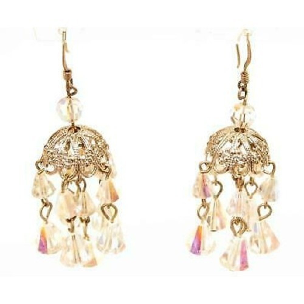 Vintage Long AB Crystal Chandelier Signed Sterling Silver Earwires Earrings
